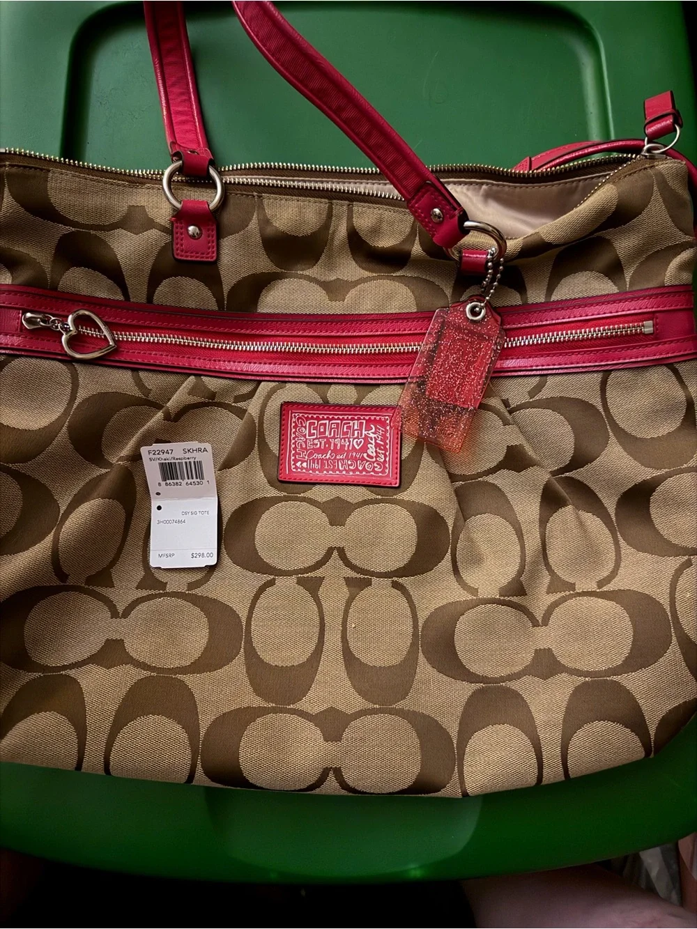 Coach Tan Signature Canvas Tote with Hot Pink Trim